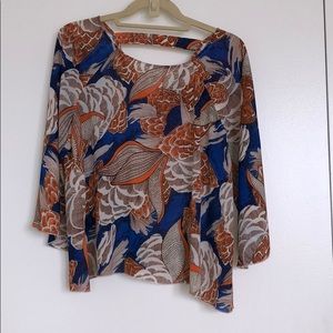Orange and blue patterned blouse key hole back